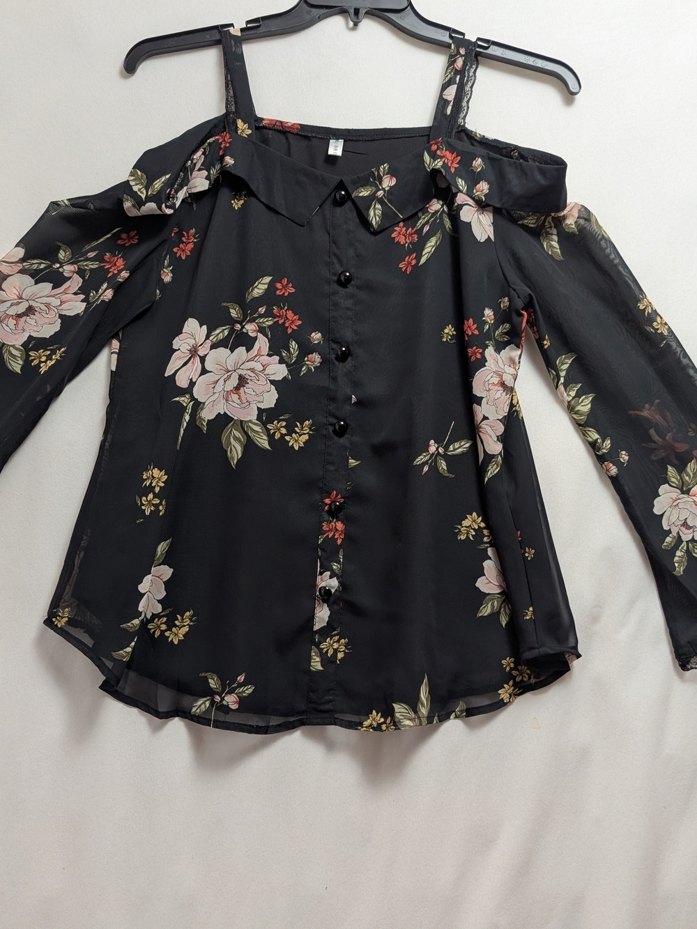 Cold-Shoulder Black Floral Button-Front Blouse
